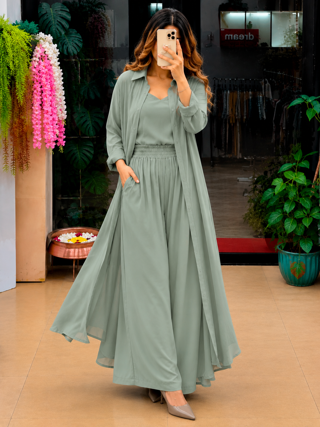Grey Women's 3-Piece Co-Ord Set with Long Shrug