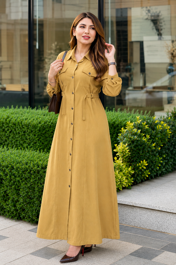 Yellow Women's Maxi Style Dress with Waist Belt
