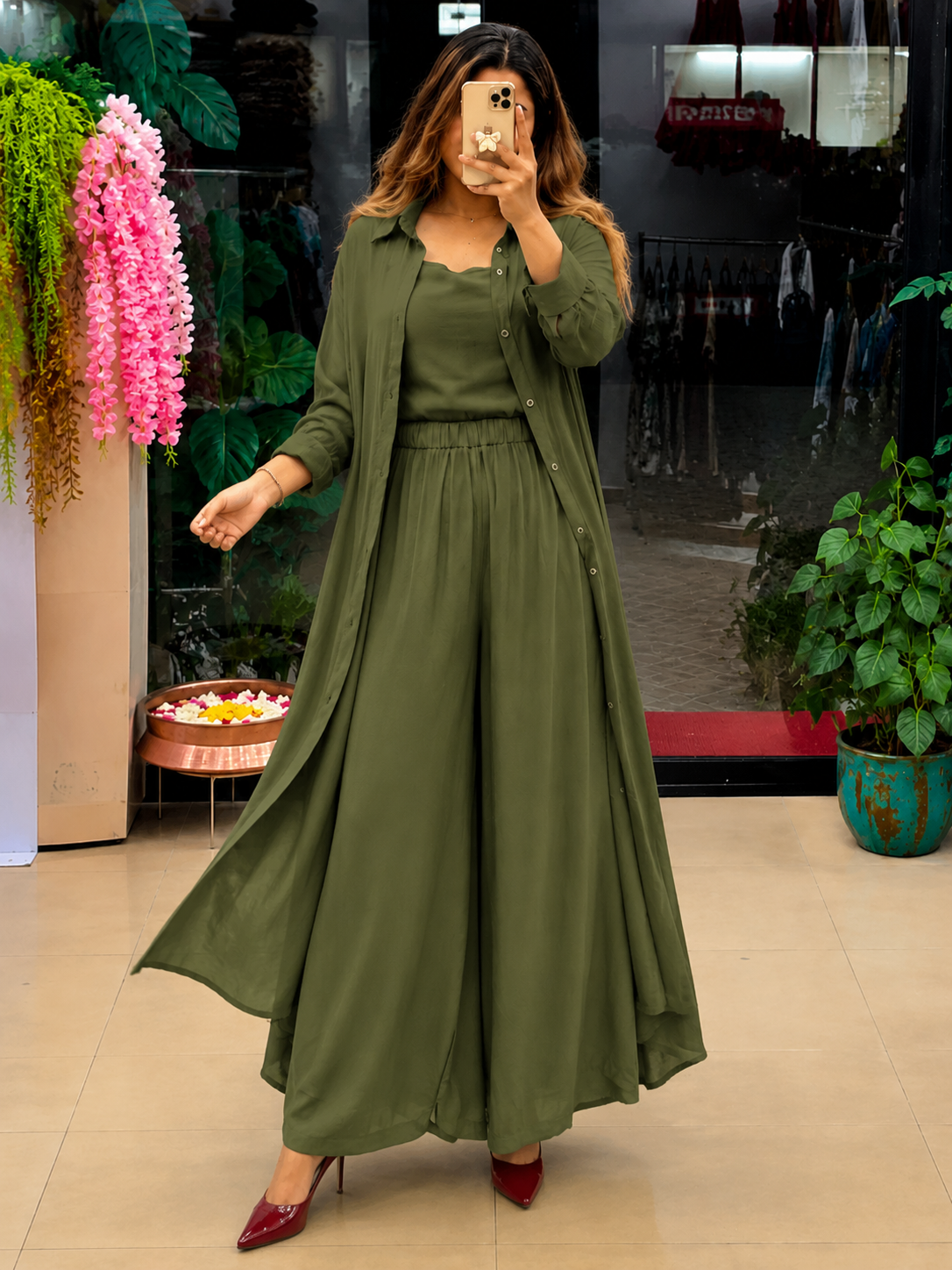 Green Women's 3-Piece Co-Ord Set with Long Shrug