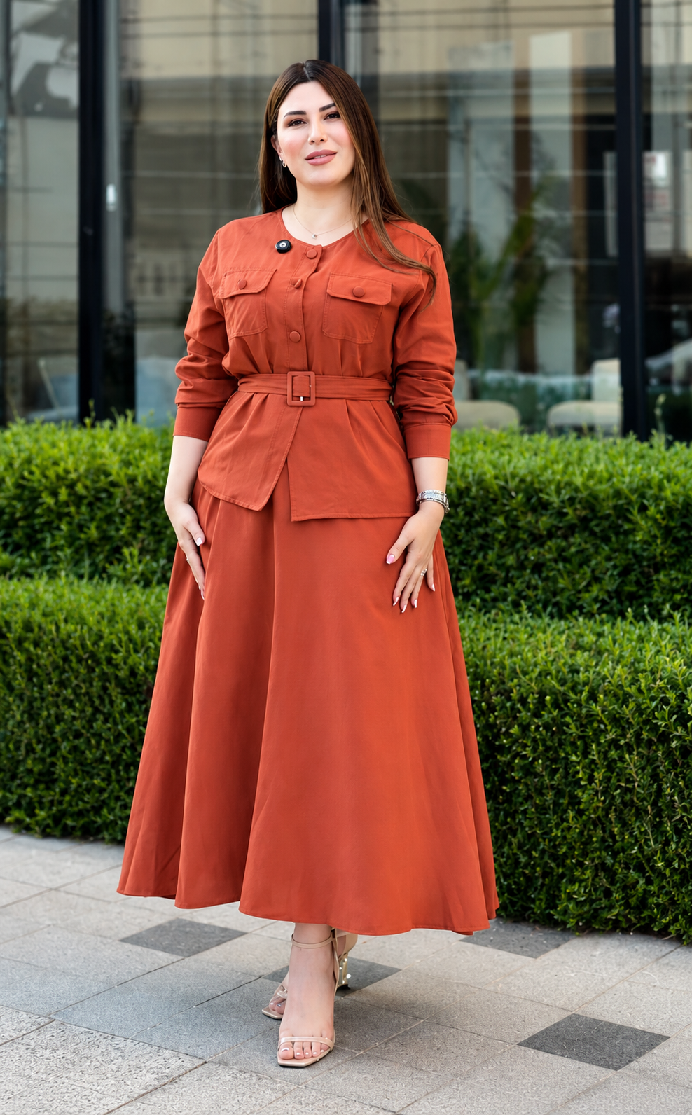 Orange Women's Co-Ord Set With Belt