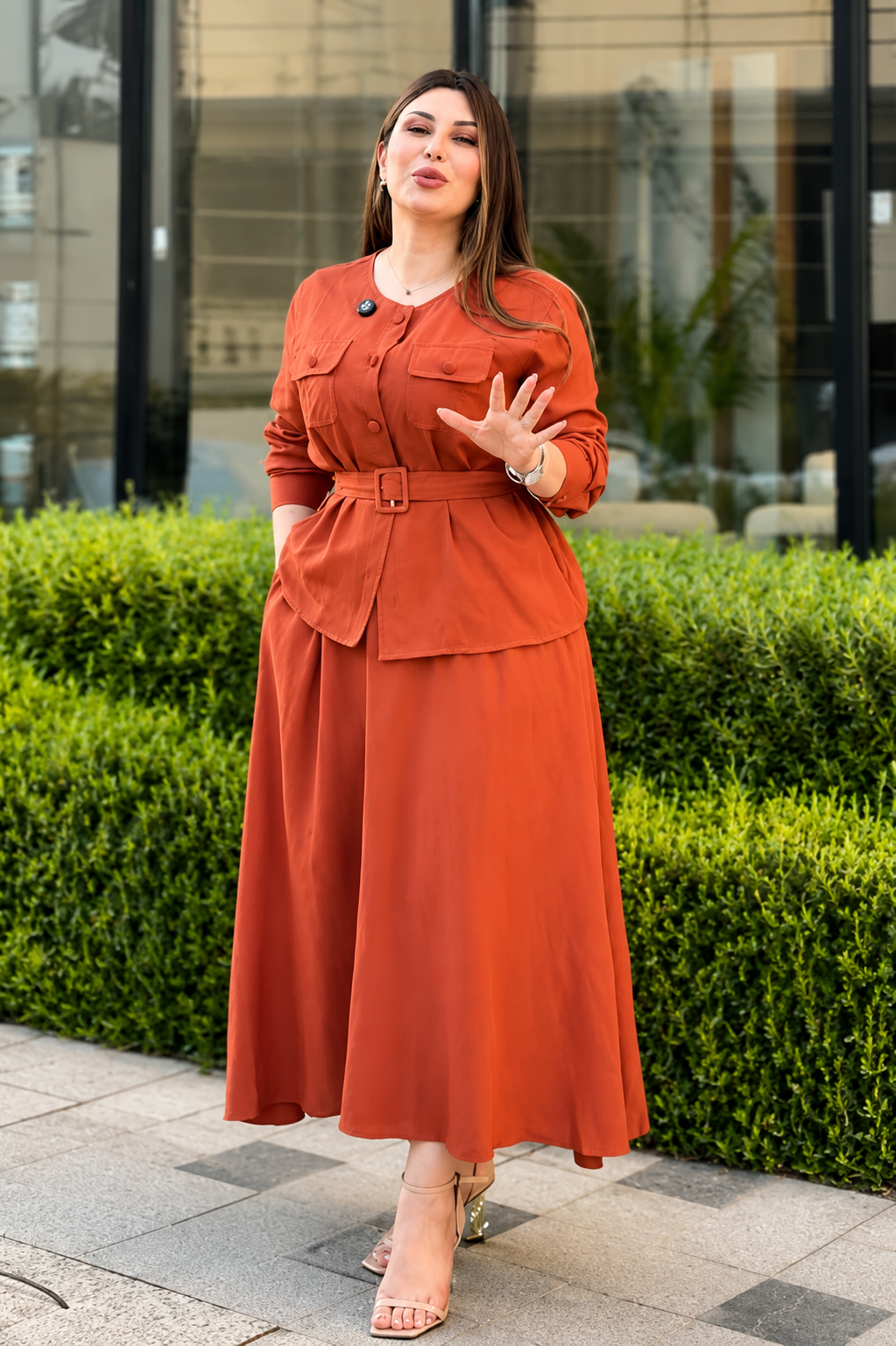 Orange Women's Co-Ord Set With Belt