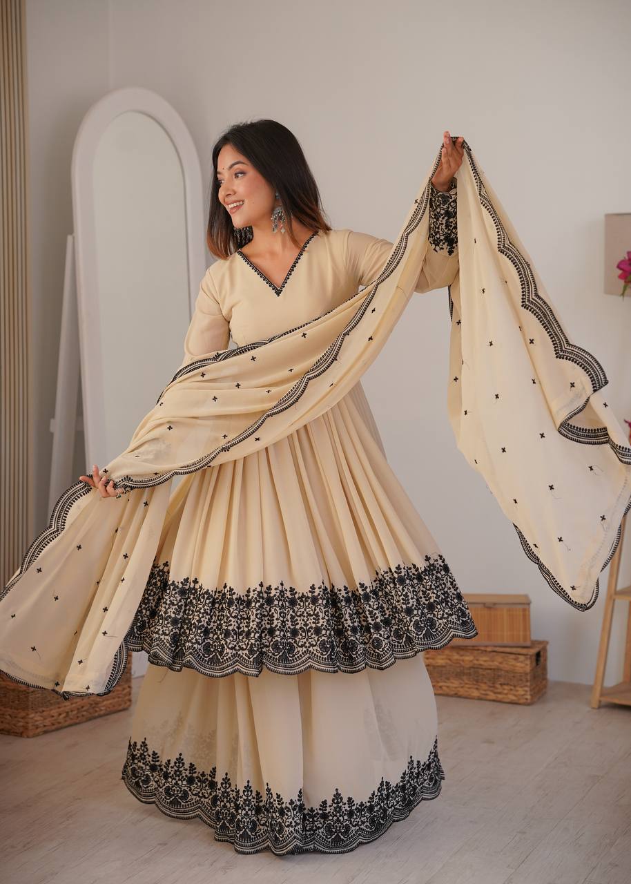 Crem Colour Premium Faux Georgette Embroidered Suit Set