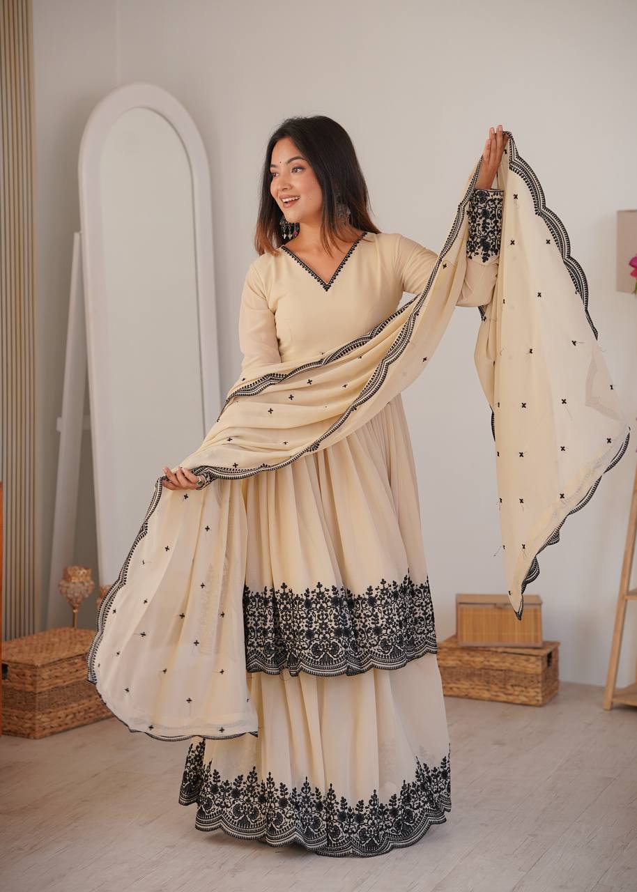 Crem Colour Premium Faux Georgette Embroidered Suit Set