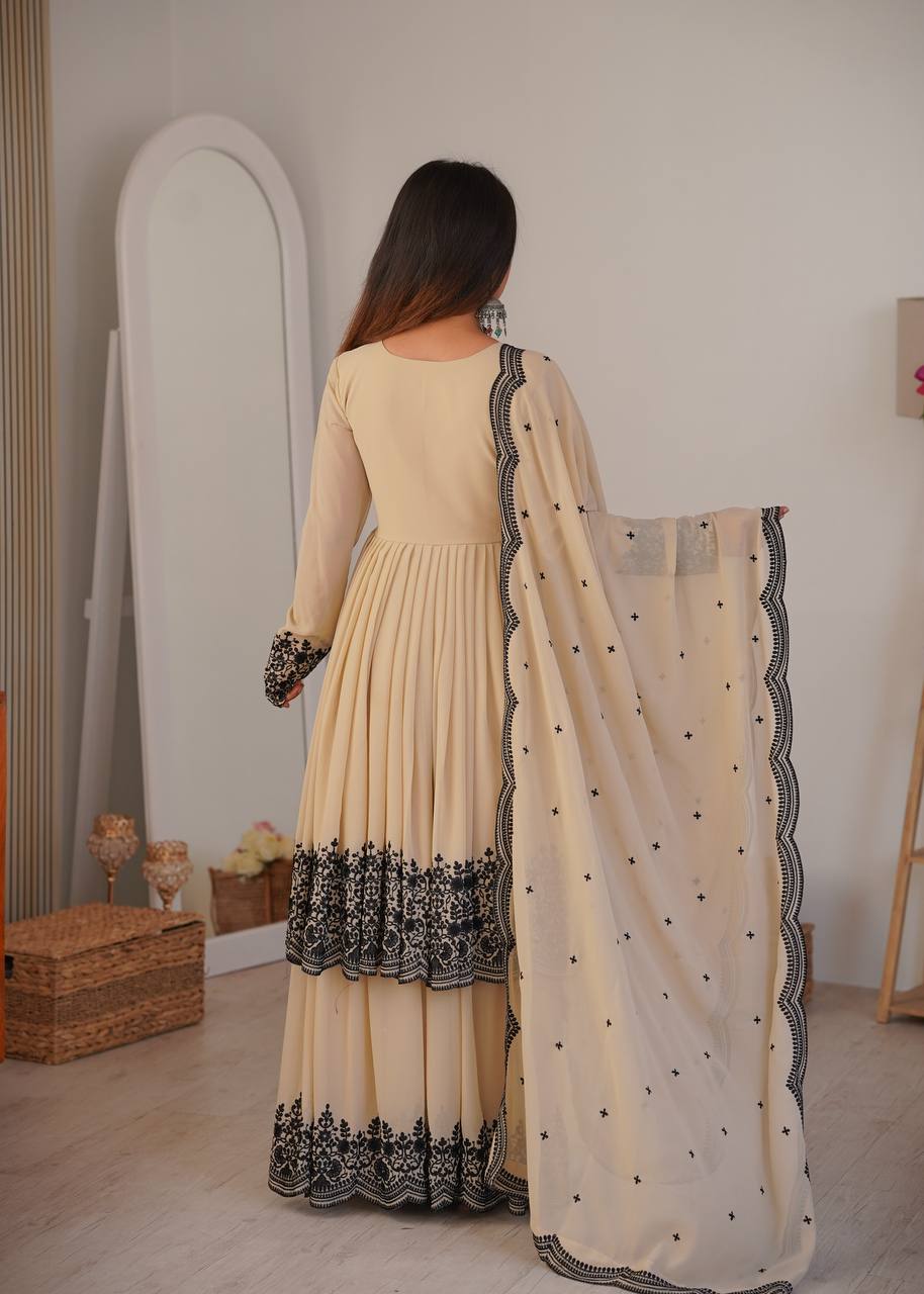 Crem Colour Premium Faux Georgette Embroidered Suit Set