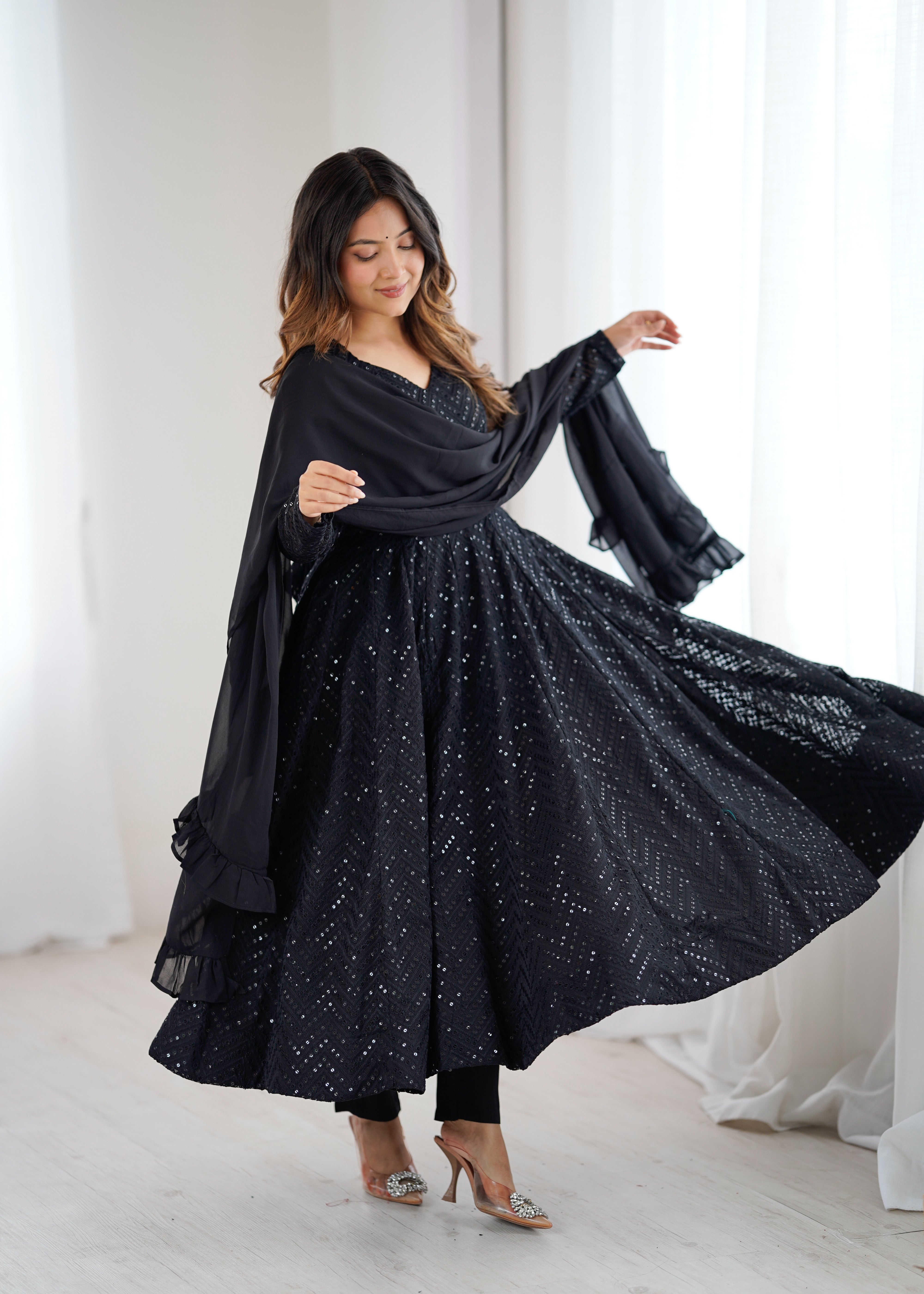 Black Colour Soft Fox Georgette Lucknowi Work Anarkali Set