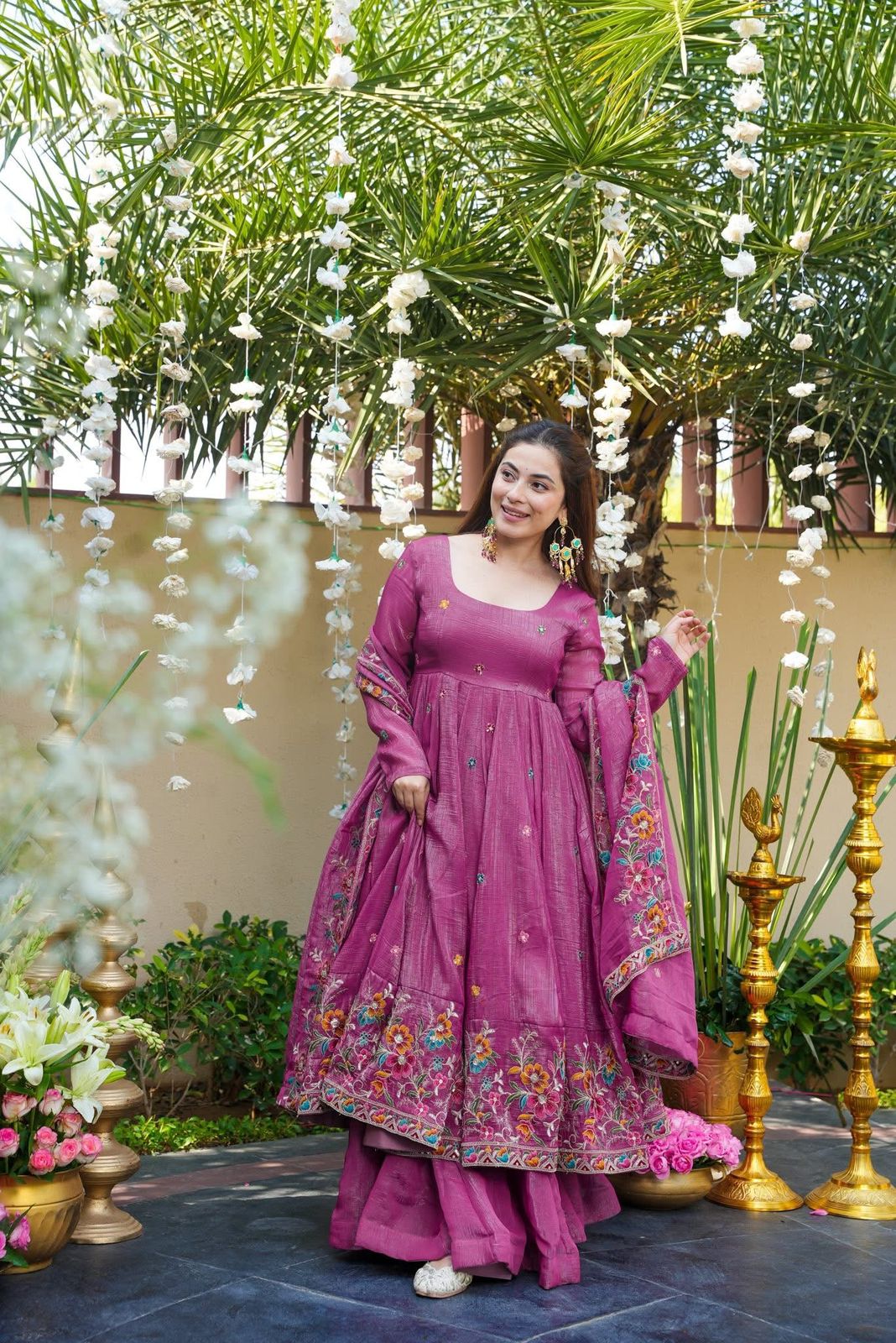 Dusty Rose Premium Designer Anarkali Gown Sharara Set