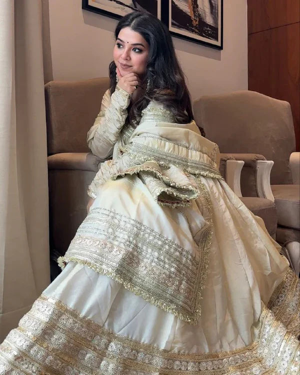 White Premium Chinnon Silk Full Flaired Anarkali Set