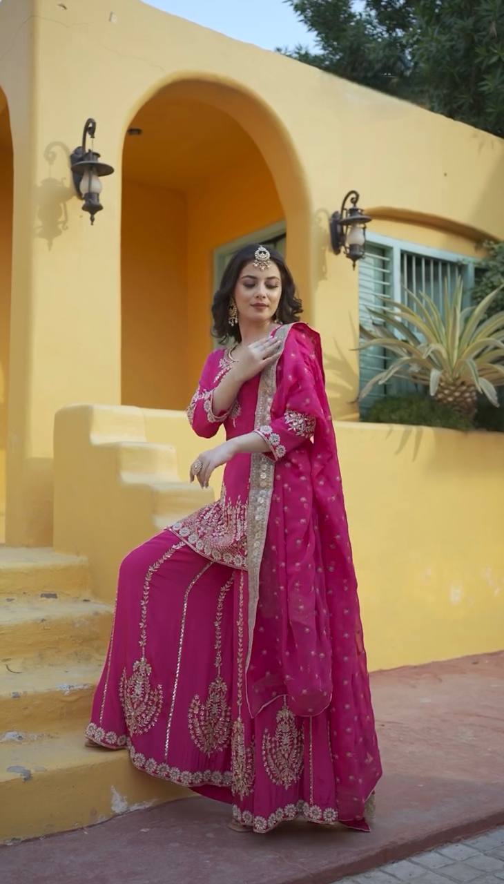 Royal Festive Look 👑 Chinon Silk Kurti Sharara With Heavy Dupatta