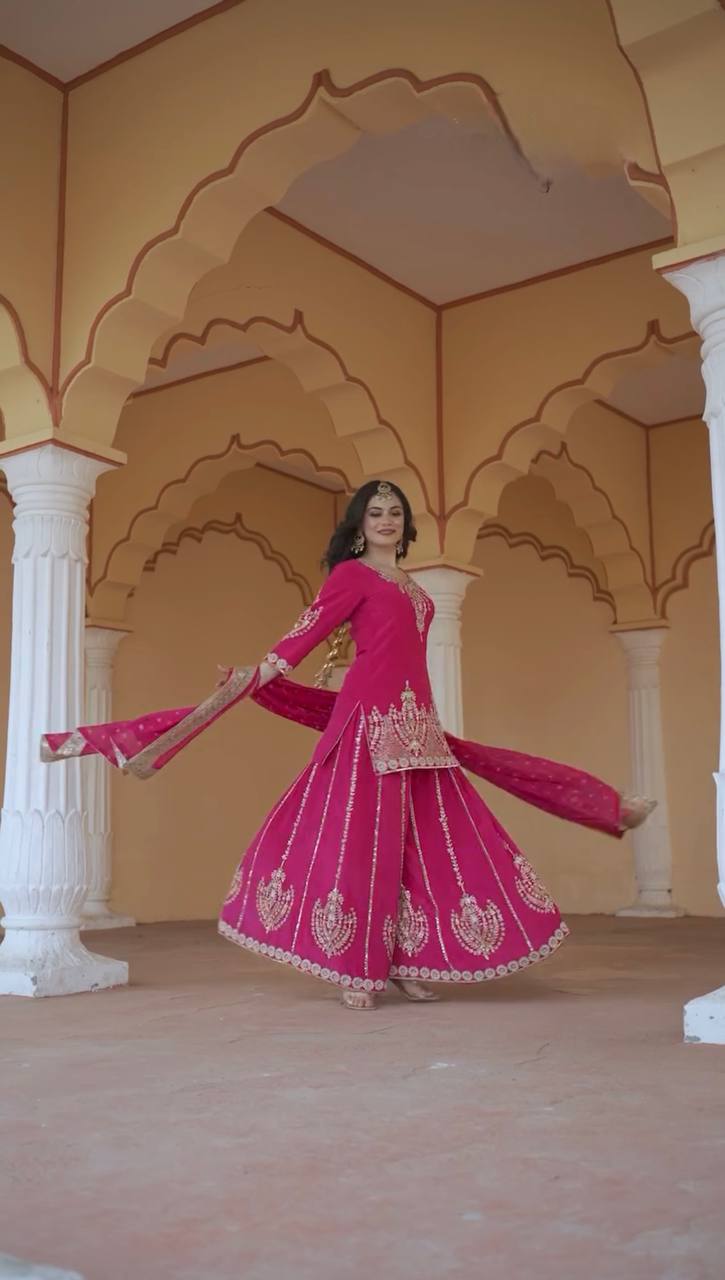 Royal Festive Look 👑 Chinon Silk Kurti Sharara With Heavy Dupatta