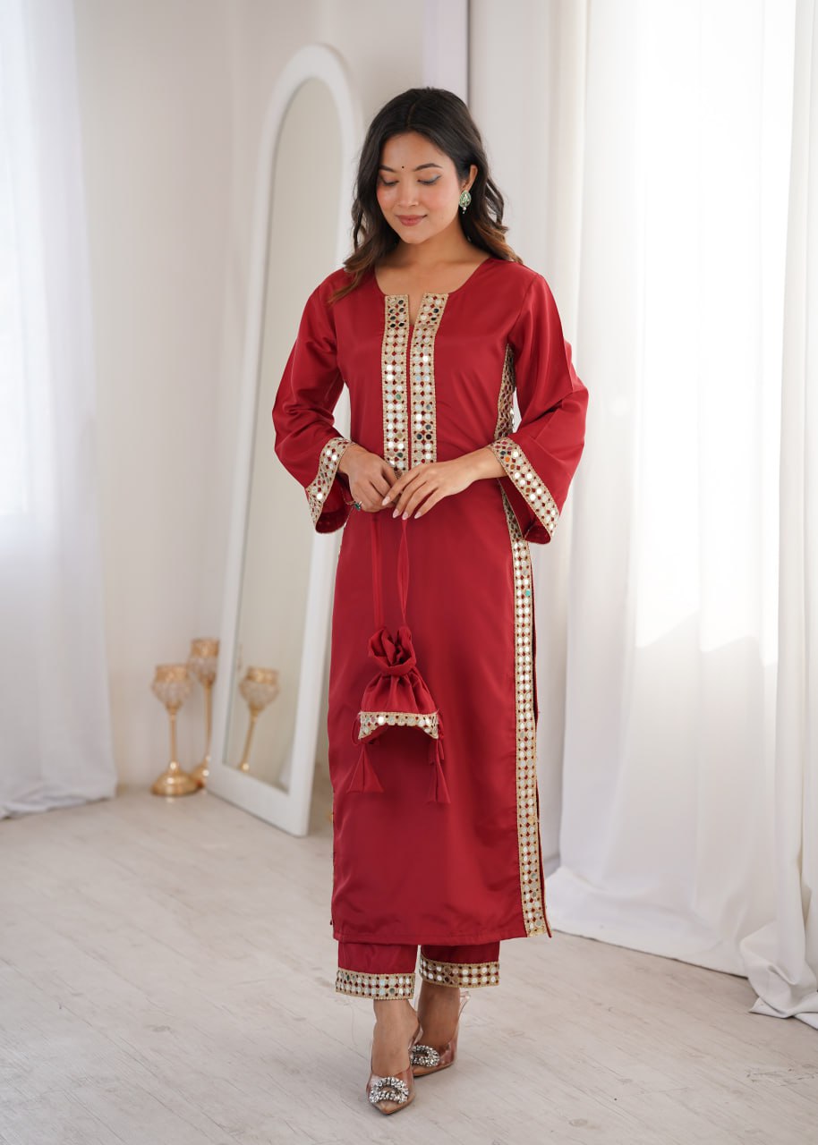 Designer Mirror Work Kurti Set with Matching Batwa