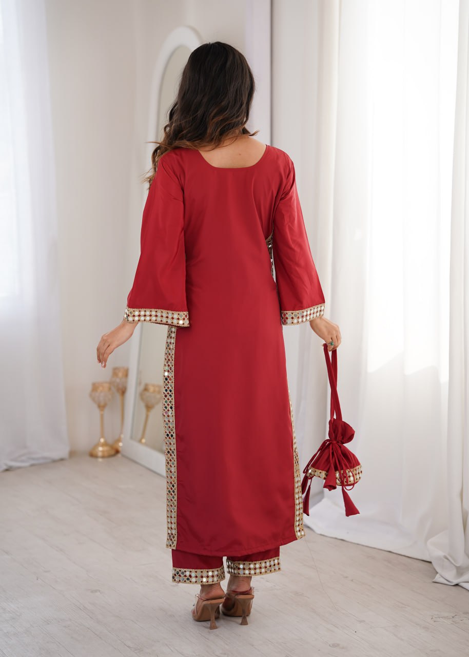 Designer Mirror Work Kurti Set with Matching Batwa