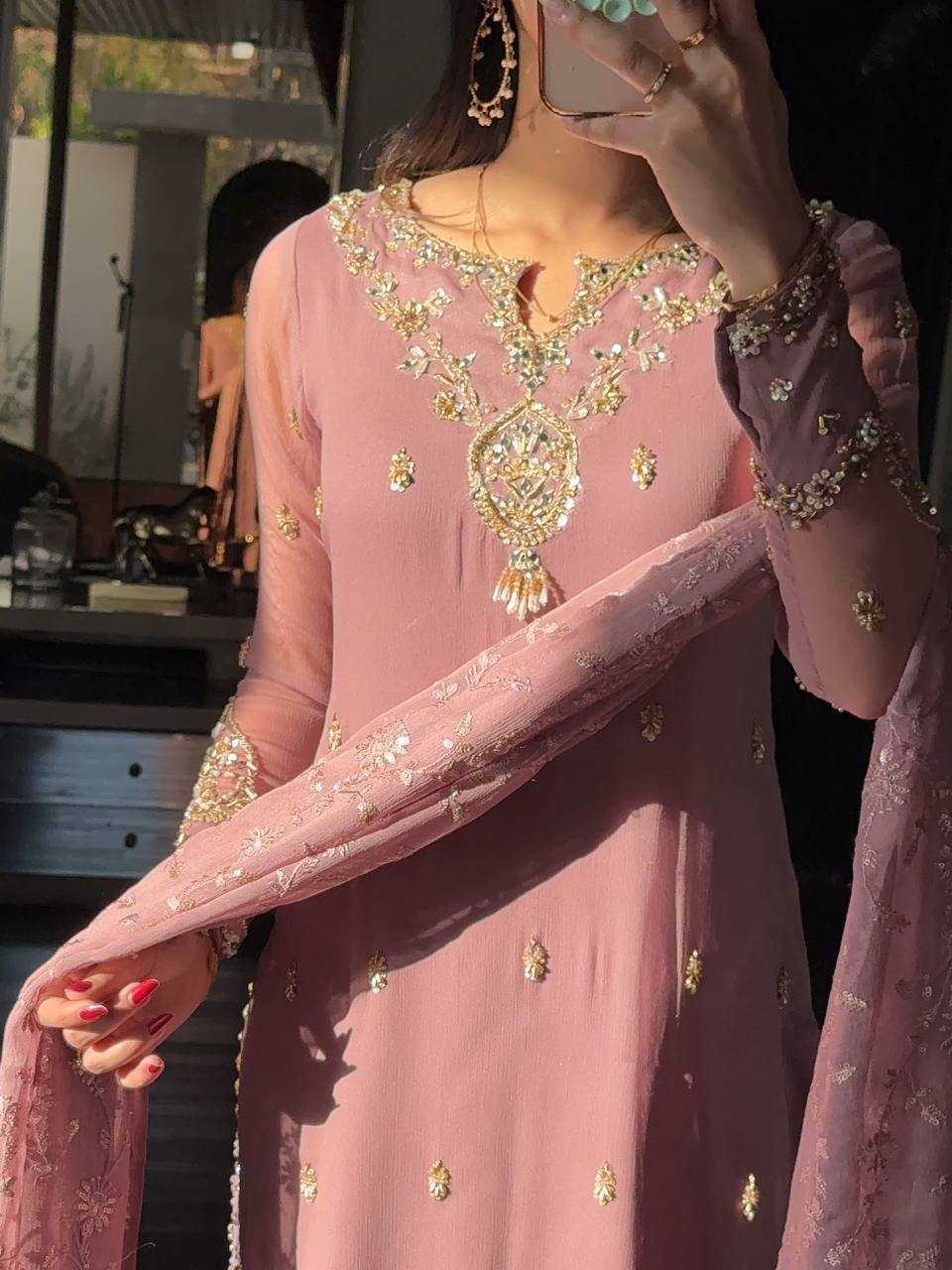 Elegant Faux Georgette Embroidered Pant Suit with Dupatta