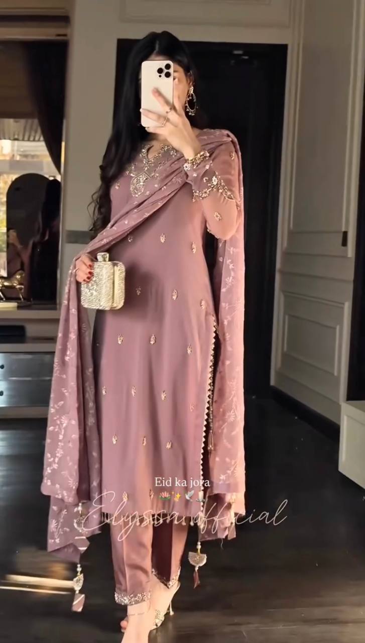 Elegant Faux Georgette Embroidered Pant Suit with Dupatta