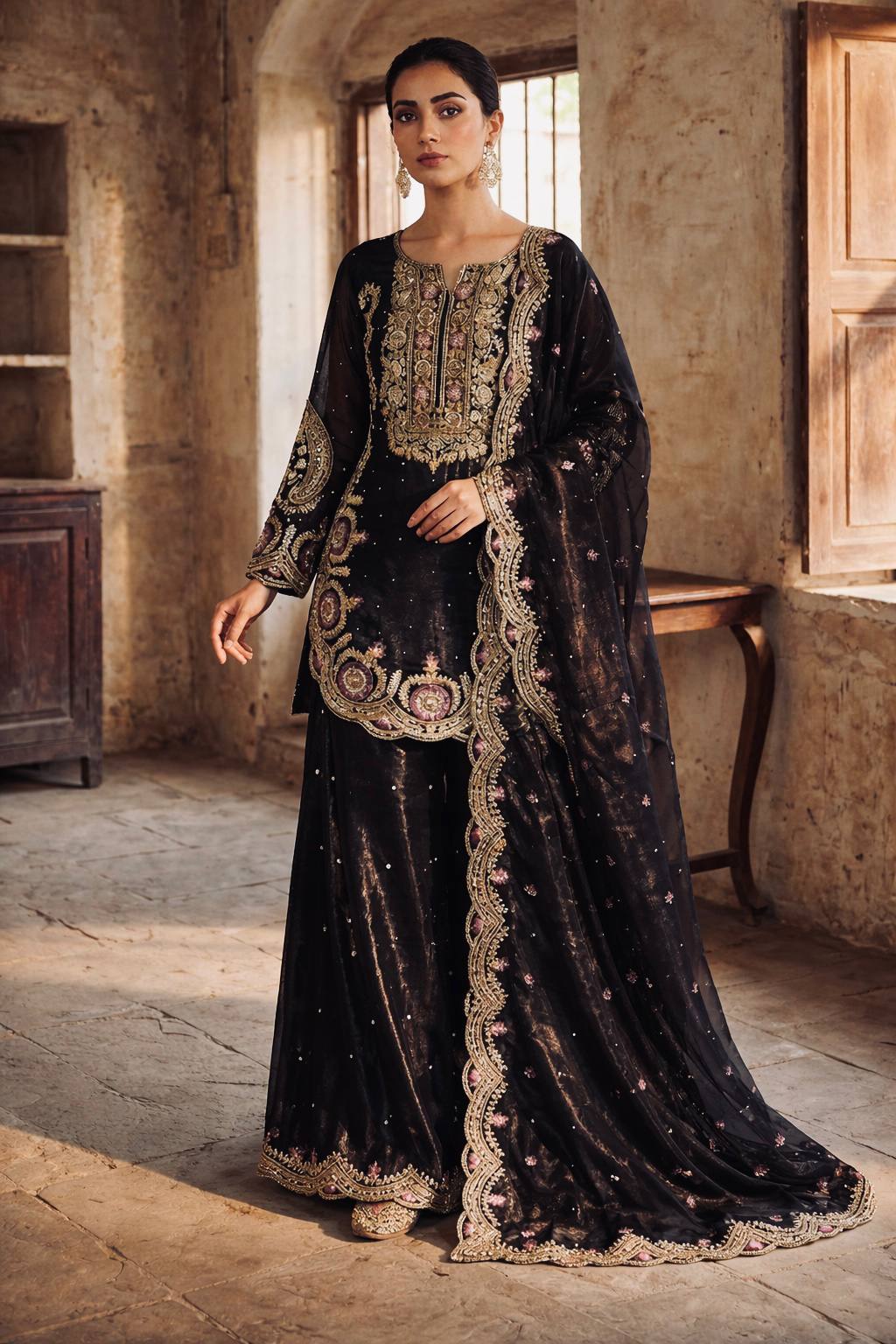 Royal GMY Silk Embroidered Kurta Palazzo Set with Moti Work ✨