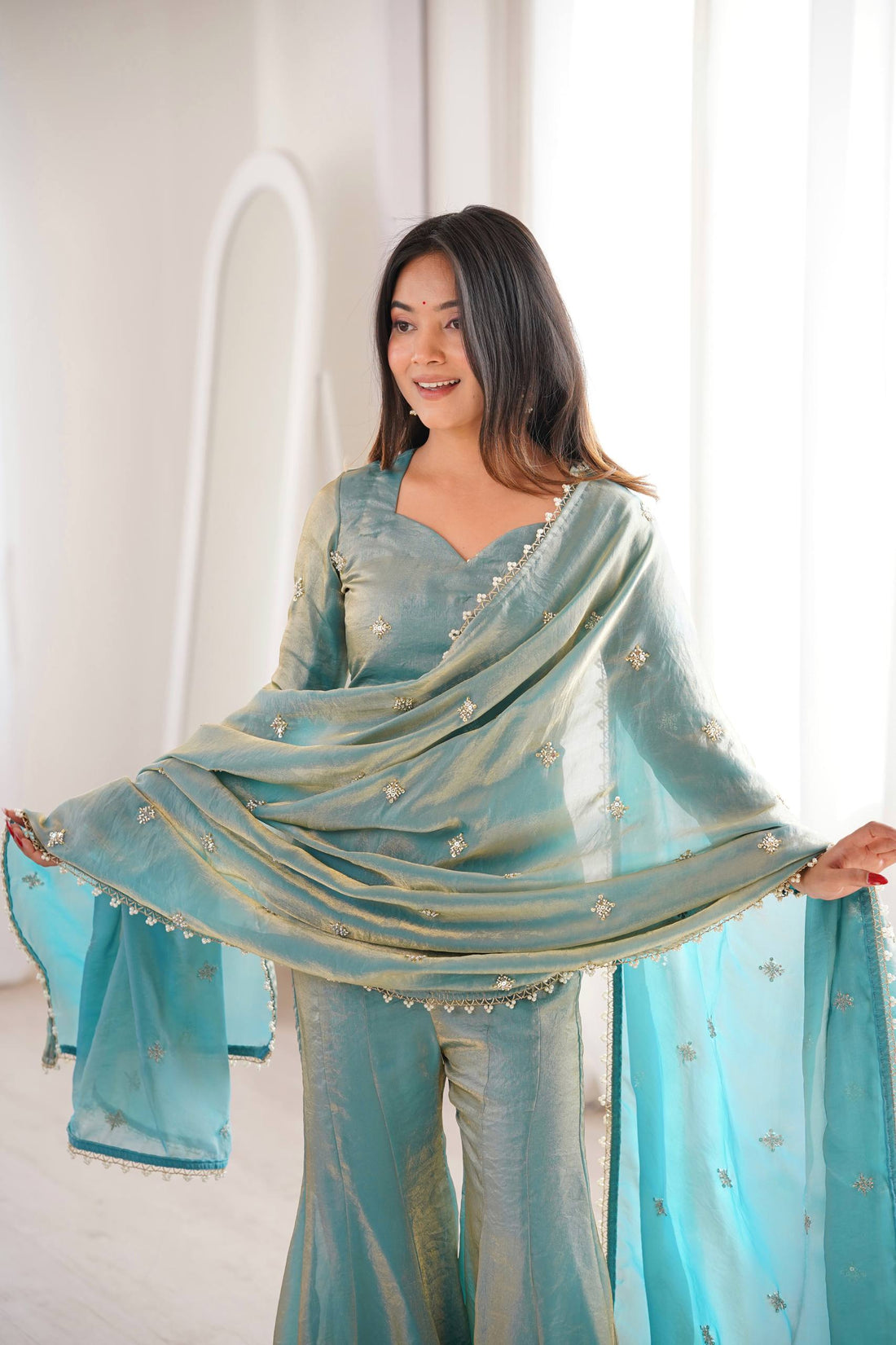 Festive Special Embroidered Fendy Silk Sharara Suit
