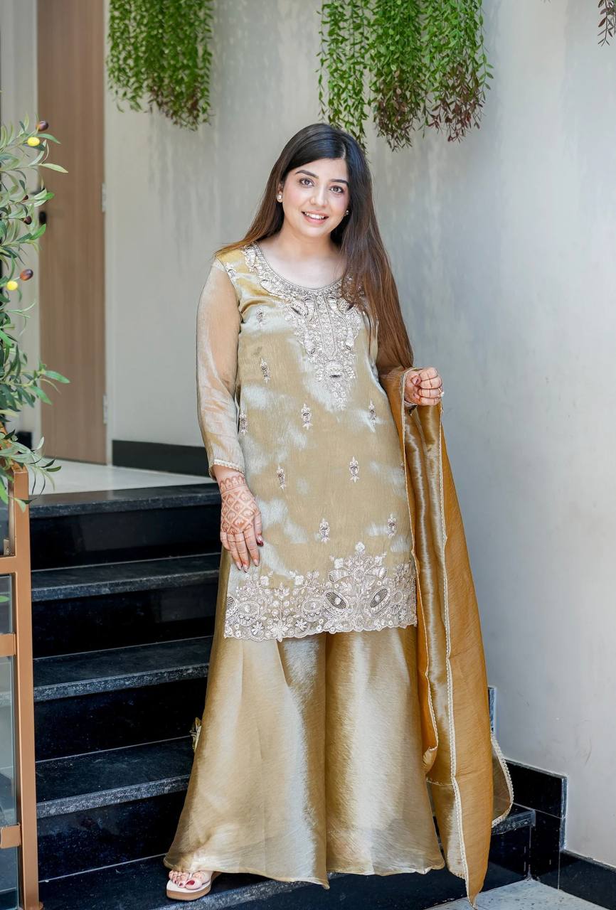 Pure Silky Silk Embroidered Top-Bottom-Dupatta Set