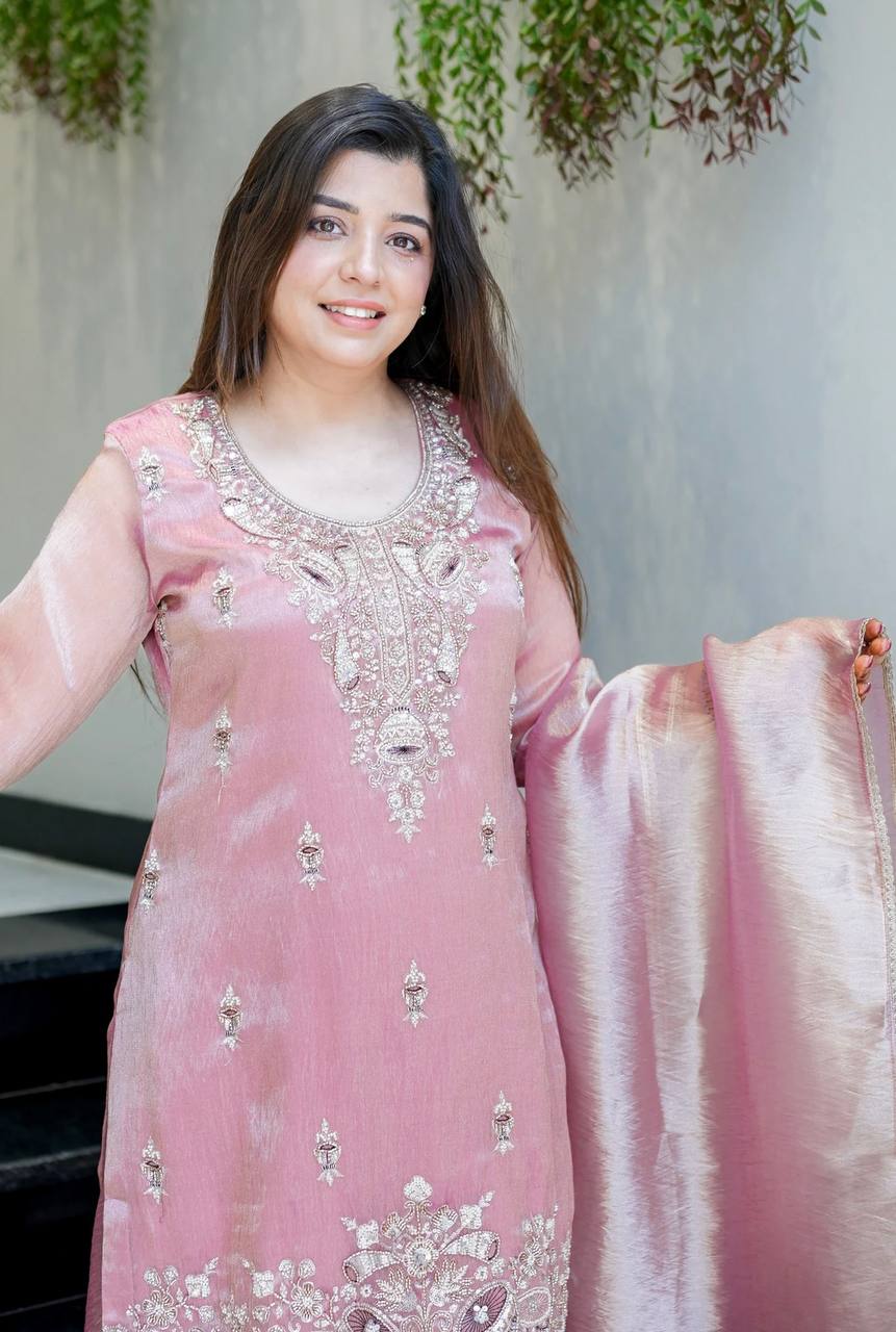 Pure Silky Silk Embroidered Top-Bottom-Dupatta Set