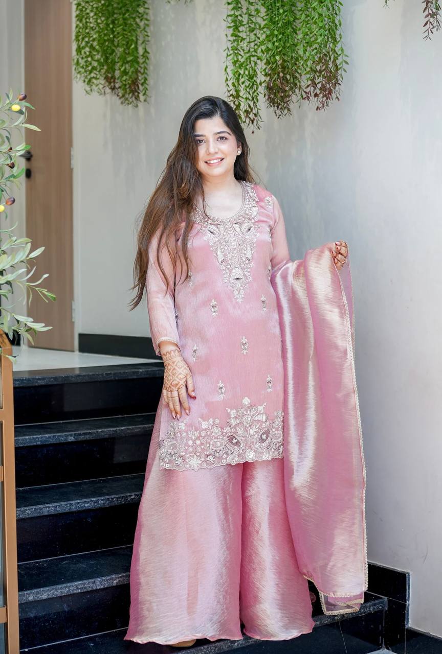 Pure Silky Silk Embroidered Top-Bottom-Dupatta Set