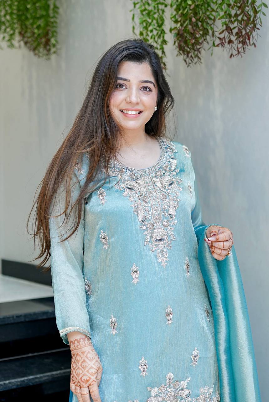 Pure Silky Silk Embroidered Top-Bottom-Dupatta Set