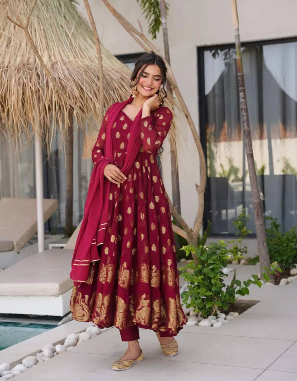 Maroon Heavy Faux Georgette with Embroidery Work n Full Sleeves Anarkali Suit