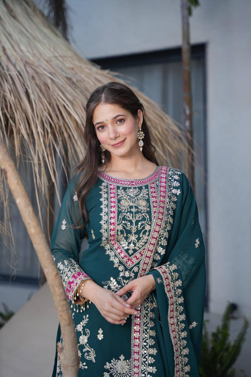 Rama  Royal Embroidered Kurta Palazzo Set with Dupatta