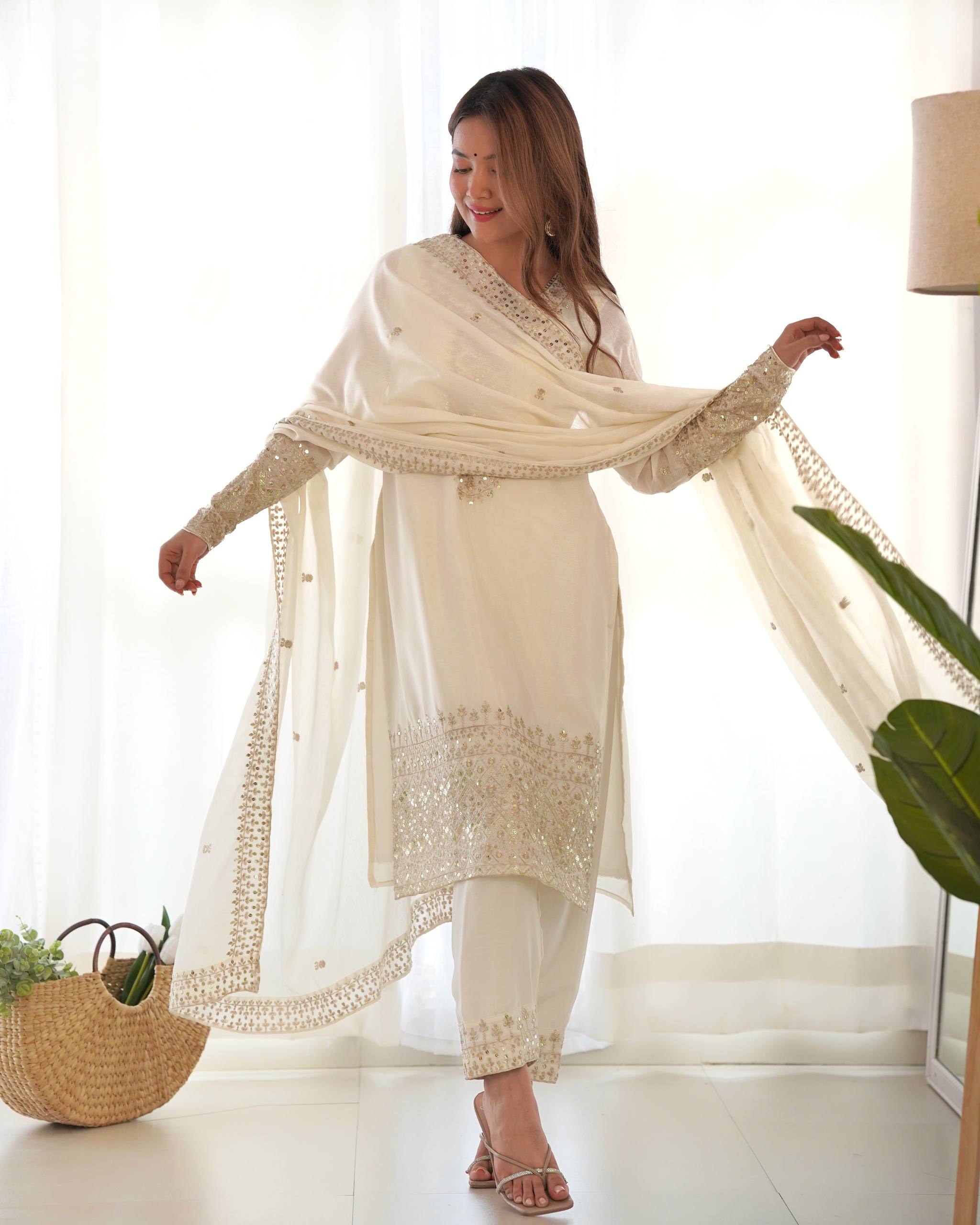Graceful Chinon Silk Kurta Set with Embroidered Dupatta