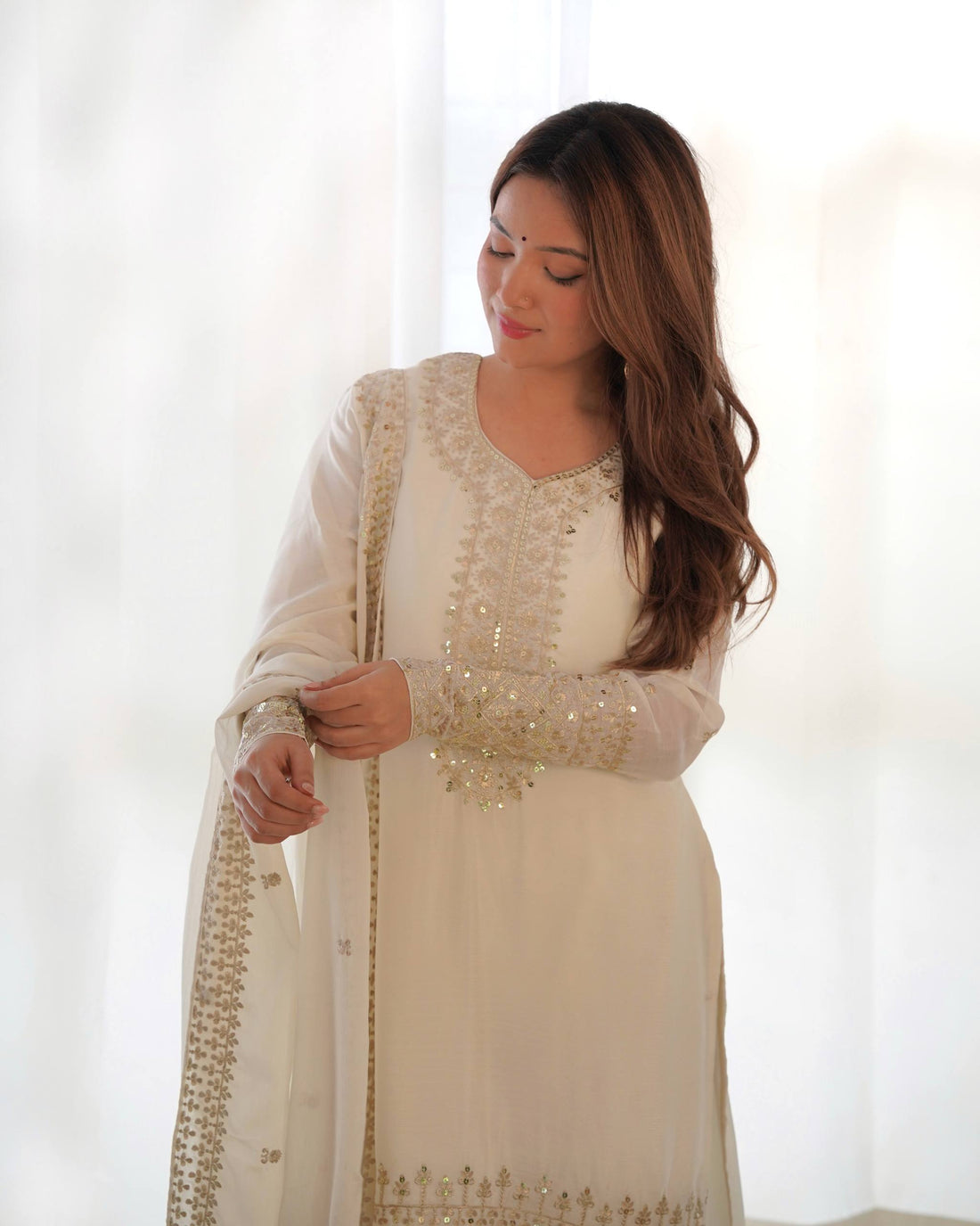 Graceful Chinon Silk Kurta Set with Embroidered Dupatta