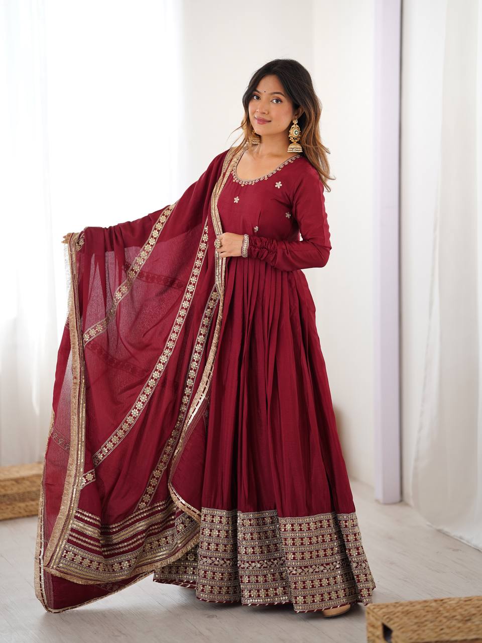 Designer Chinon Silk Kurta Set with Pant & Dupatta