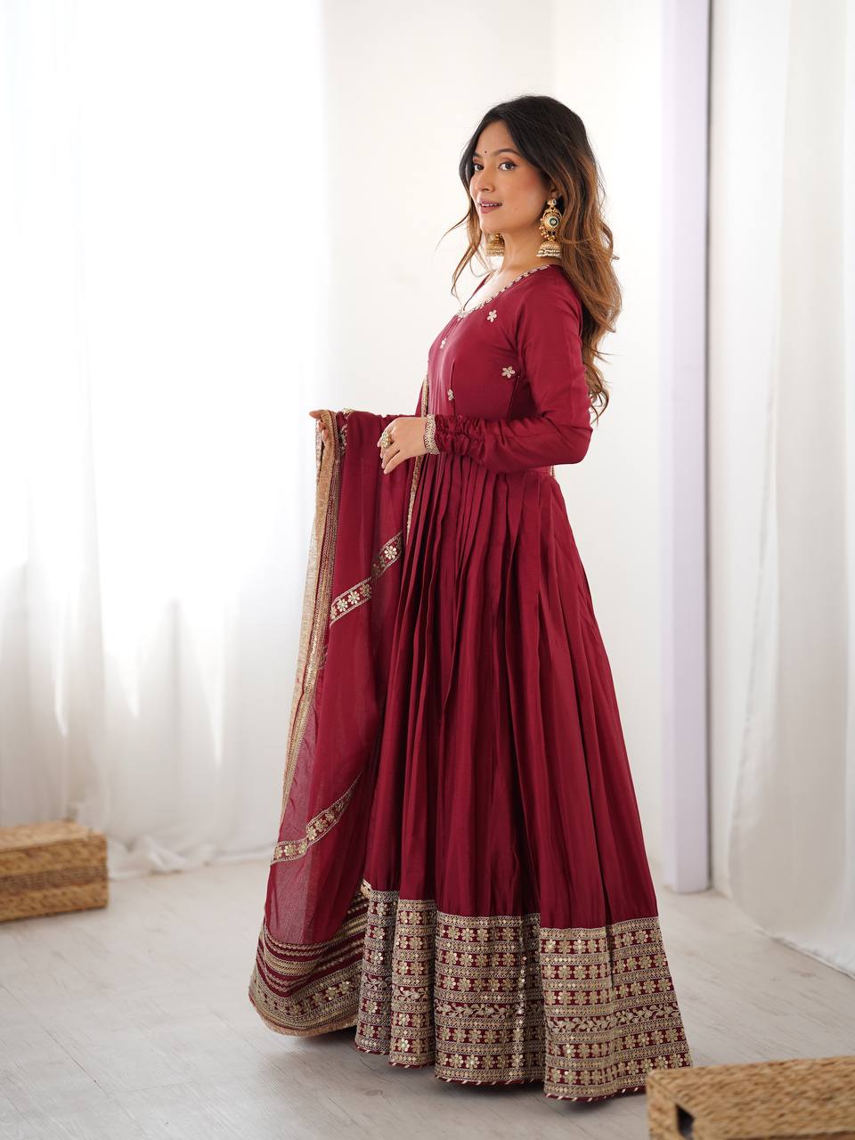 Designer Chinon Silk Kurta Set with Pant & Dupatta