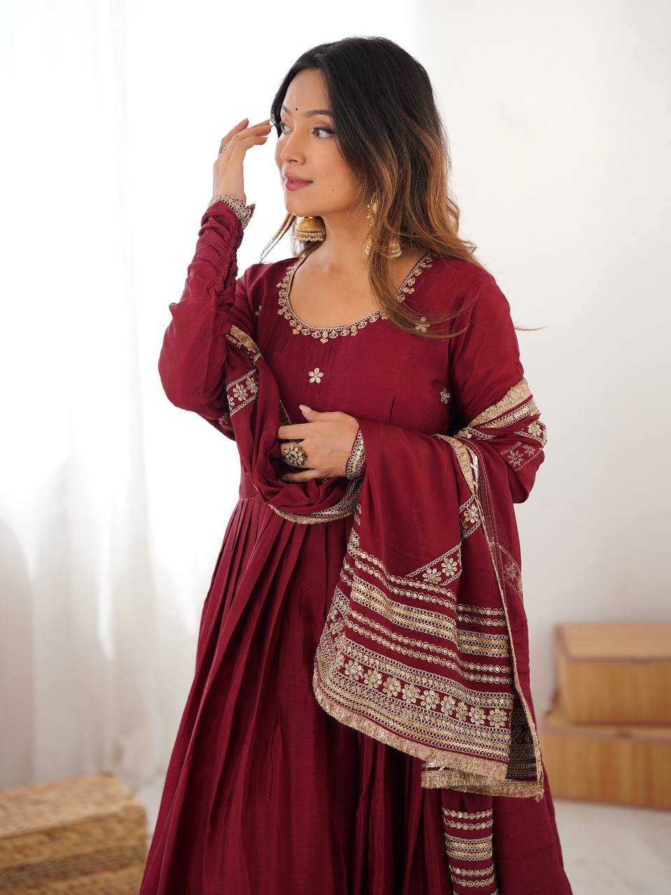 Designer Chinon Silk Kurta Set with Pant & Dupatta
