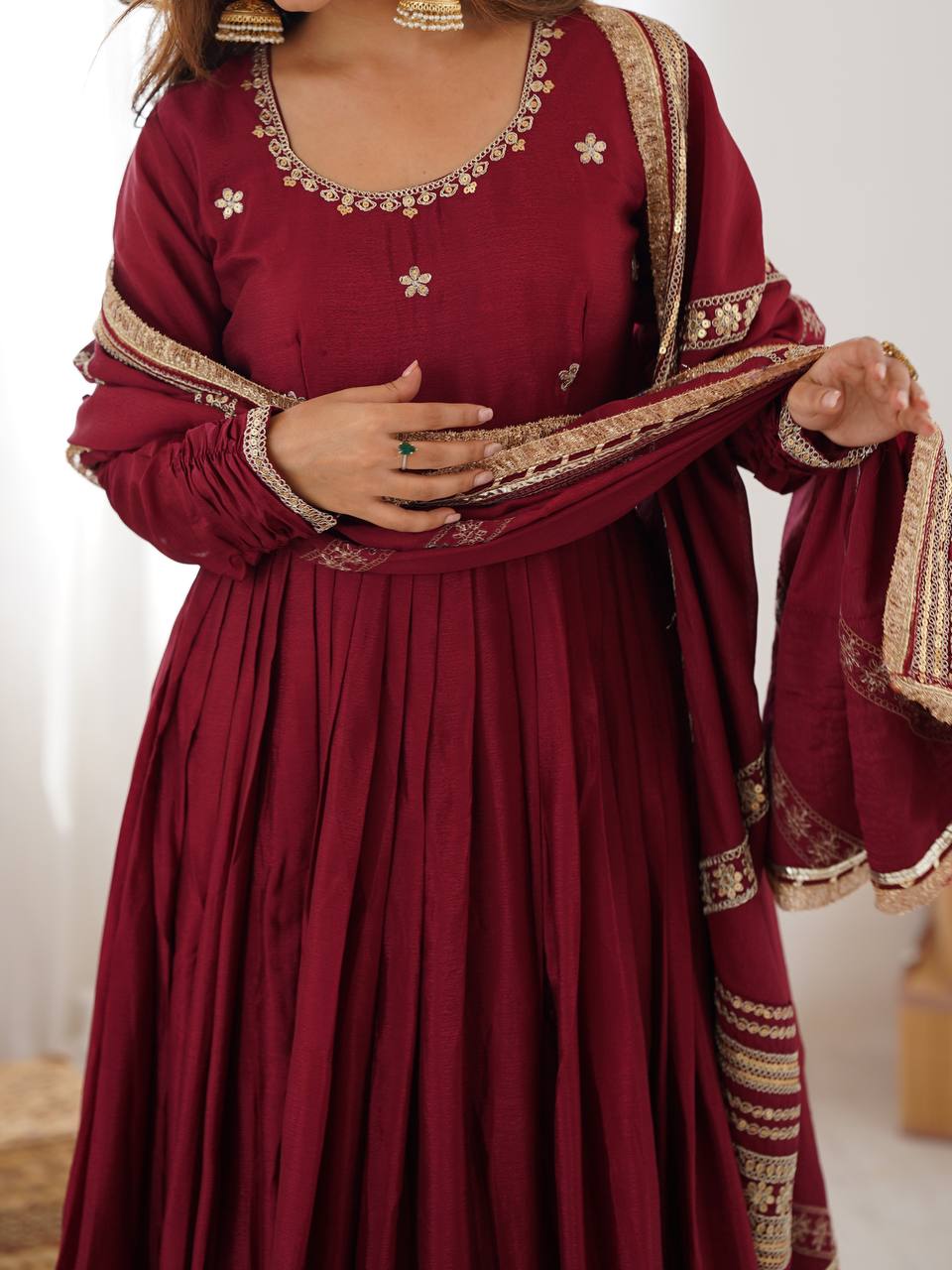 Designer Chinon Silk Kurta Set with Pant & Dupatta