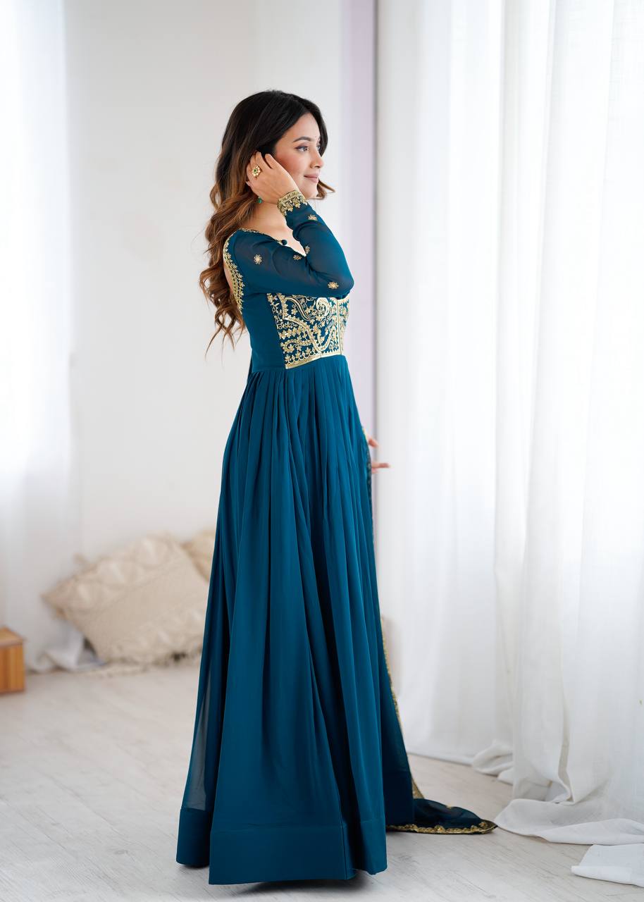 Designer Faux Georgette Suit Set with Pant & Embroidered Dupatta