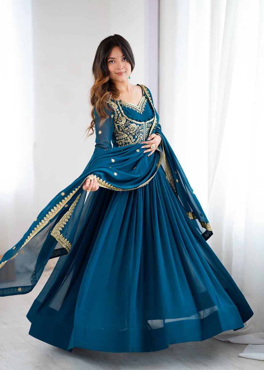 Designer Faux Georgette Suit Set with Pant & Embroidered Dupatta