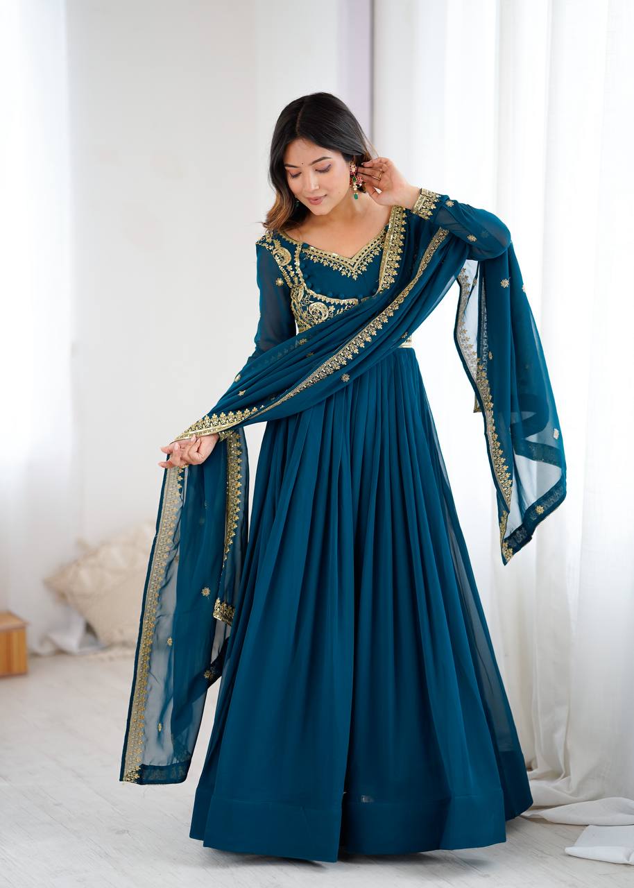 Designer Faux Georgette Suit Set with Pant & Embroidered Dupatta