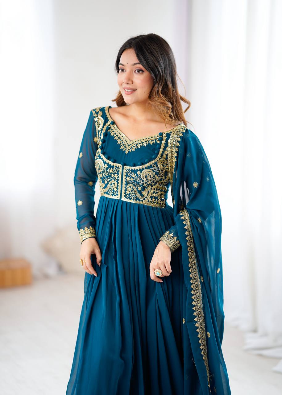 Designer Faux Georgette Suit Set with Pant & Embroidered Dupatta