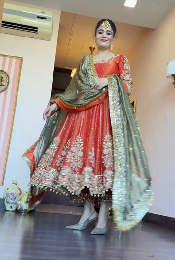 Bridal Orange Embroidered Anarkali Lehenga Set with Designer Dupatta