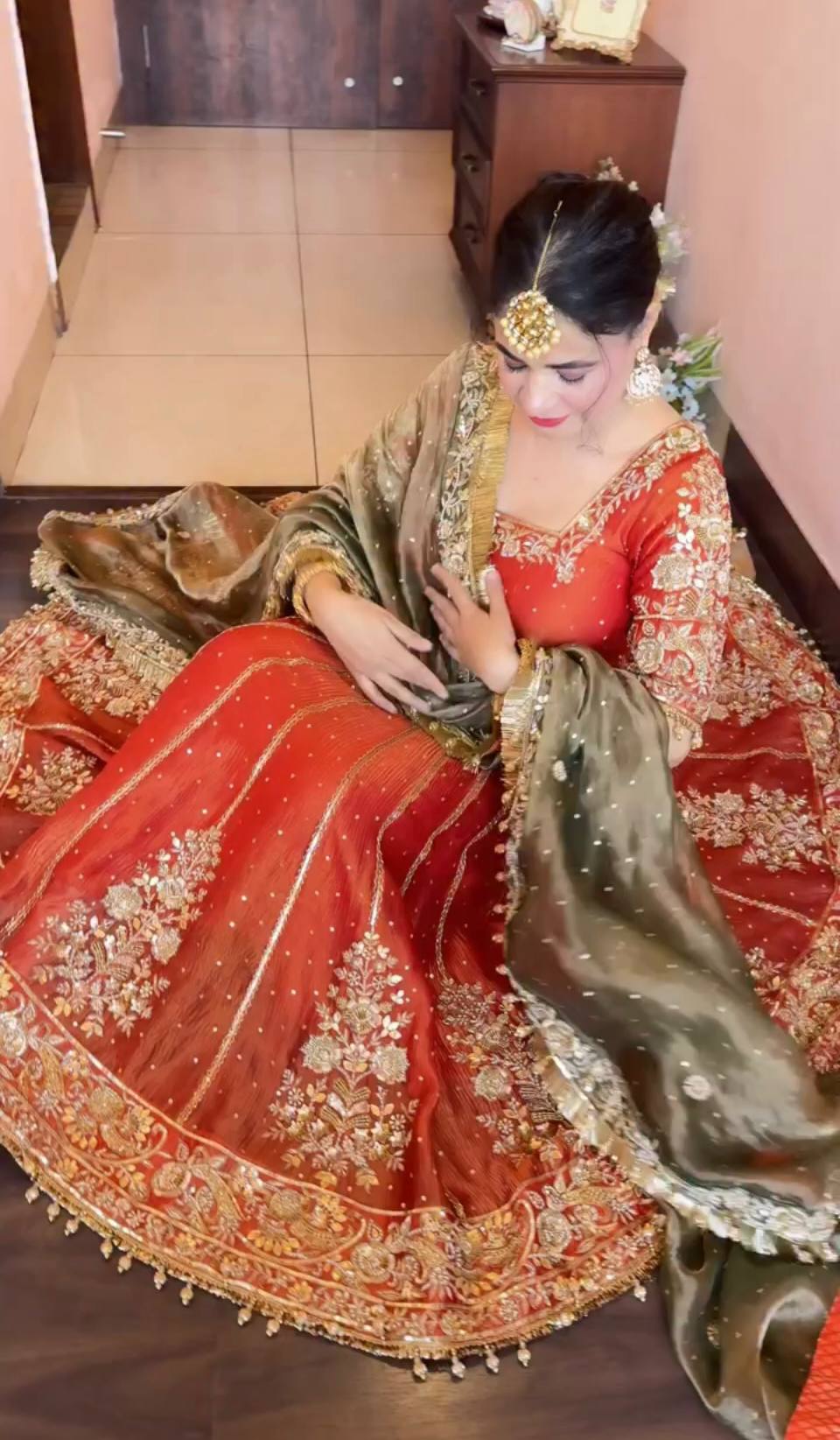 Bridal Orange Embroidered Anarkali Lehenga Set with Designer Dupatta