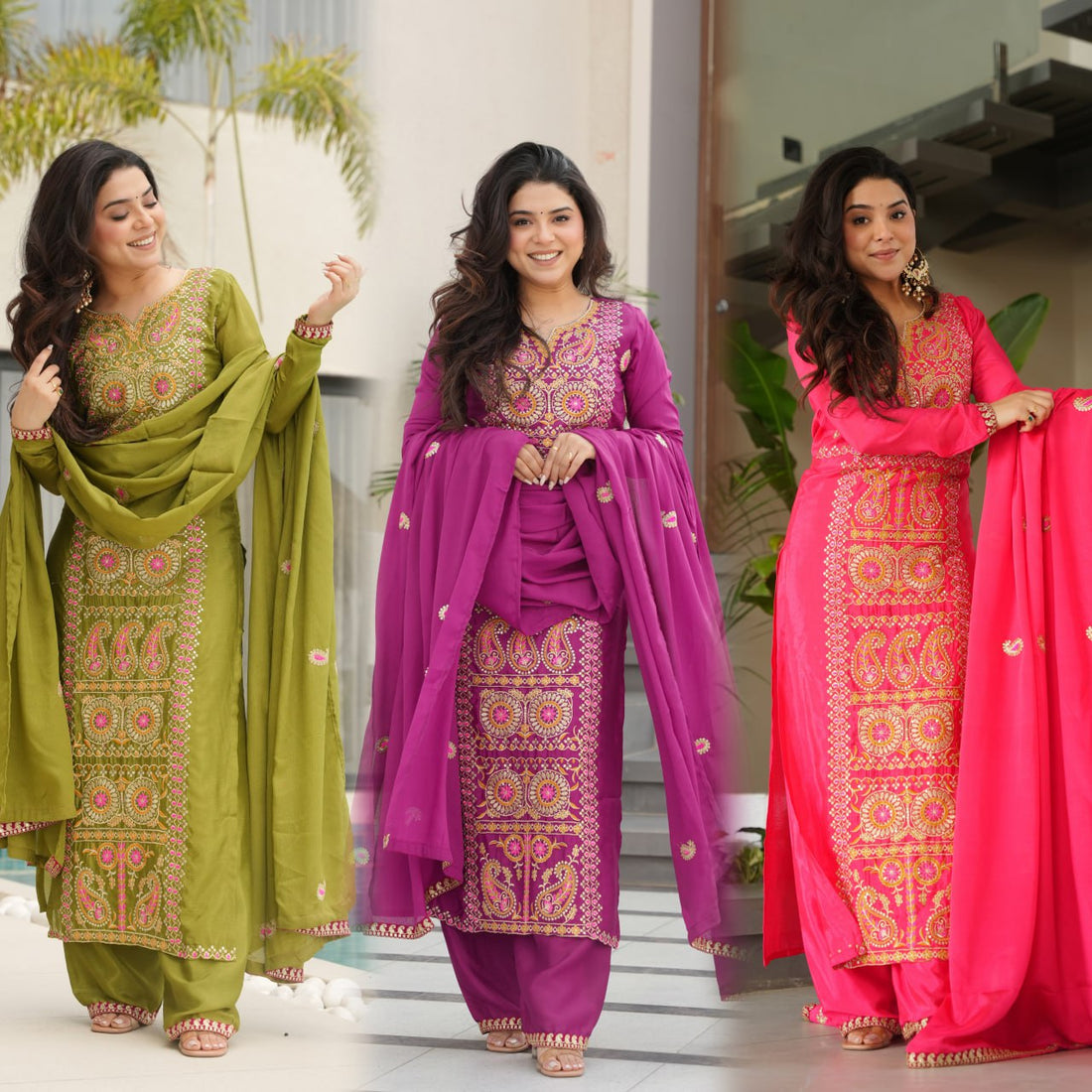 Elegant Chinnon Embroidered Top Pant Set with Lace Work and Dupatta