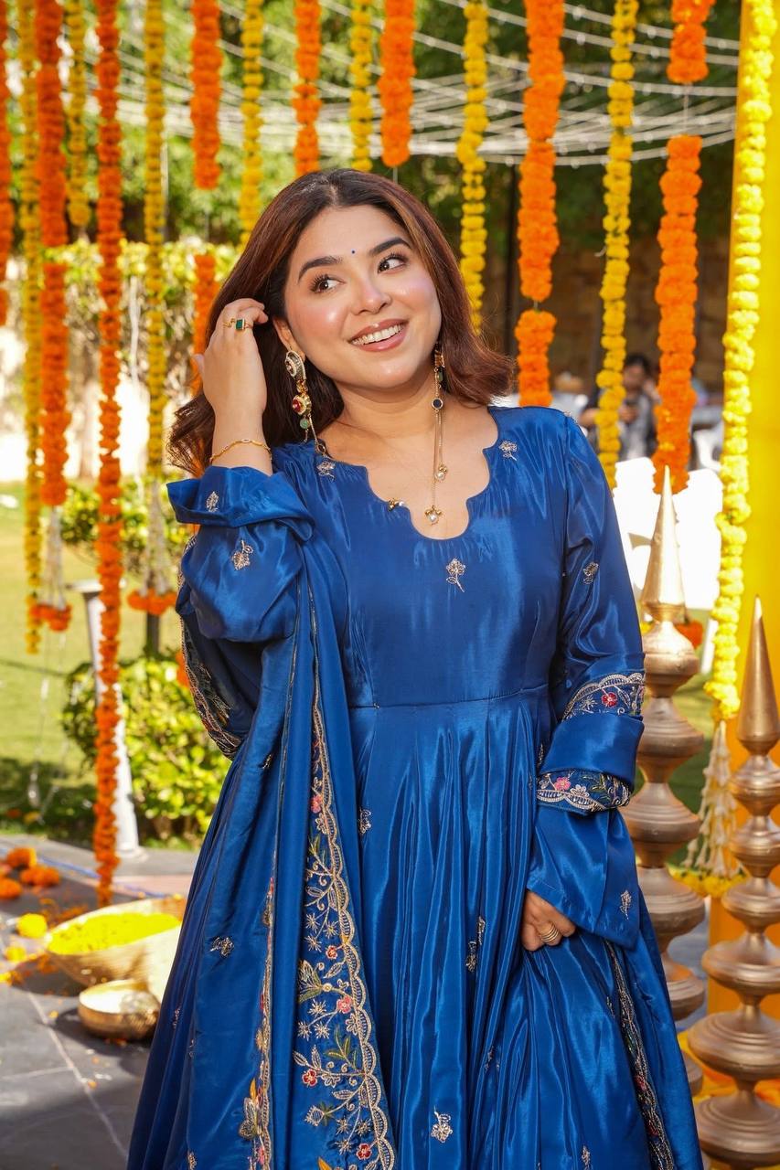 Blue Colour Heavy Silk Sequin Embroidered Gown Plazzo Set with Dupatta