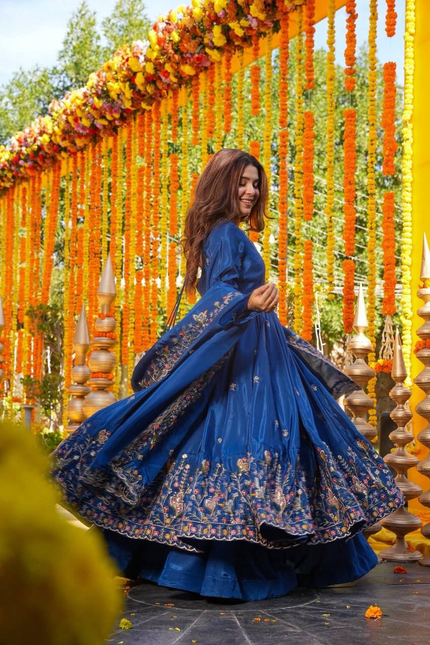 Blue Colour Heavy Silk Sequin Embroidered Gown Plazzo Set with Dupatta