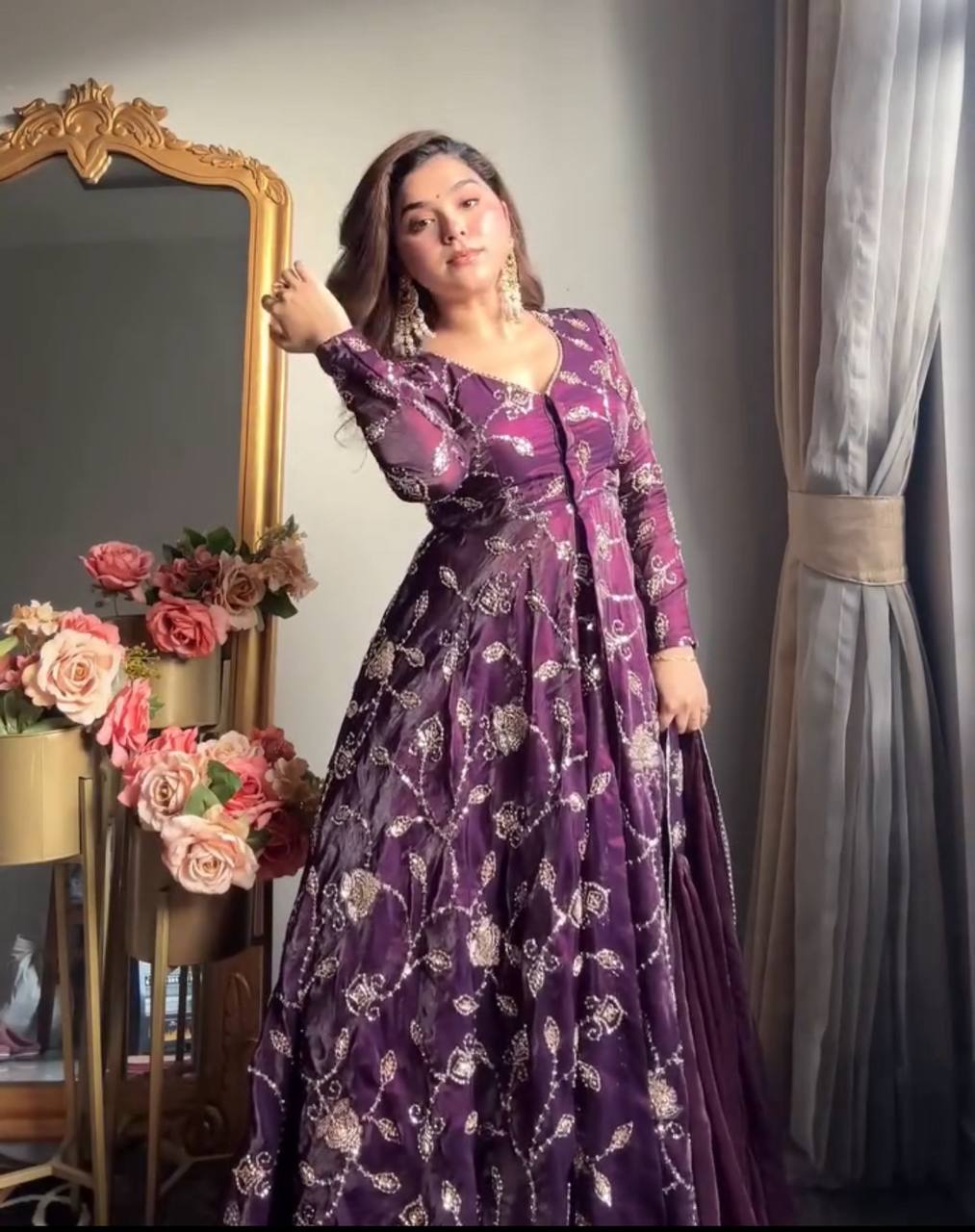 Heavy Frandy Silk Embroidered Gown Lehenga Set with Full Sleeves and Lace Border Dupatta – Ready to Wear