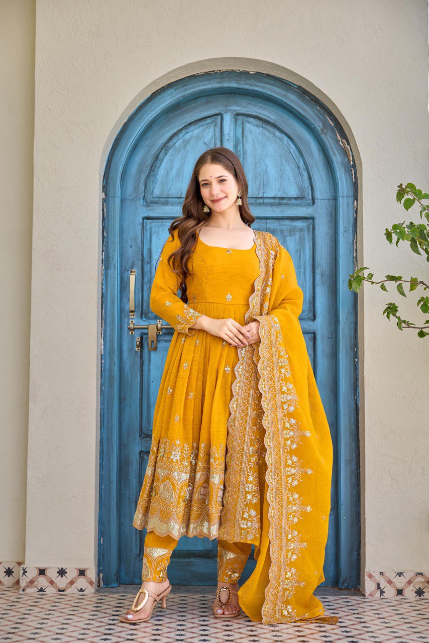 Yellow Anarkali Suit Set with Embroidered Dupatta