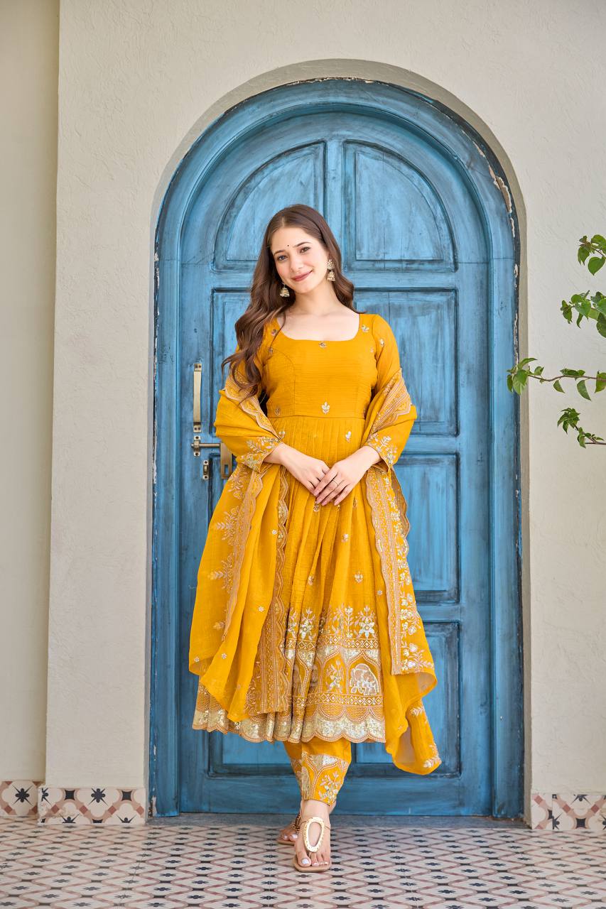 Yellow Anarkali Suit Set with Embroidered Dupatta