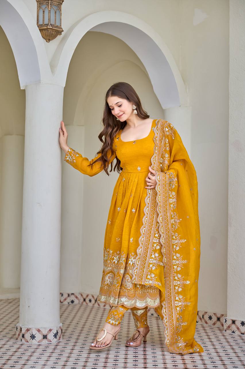 Yellow Anarkali Suit Set with Embroidered Dupatta