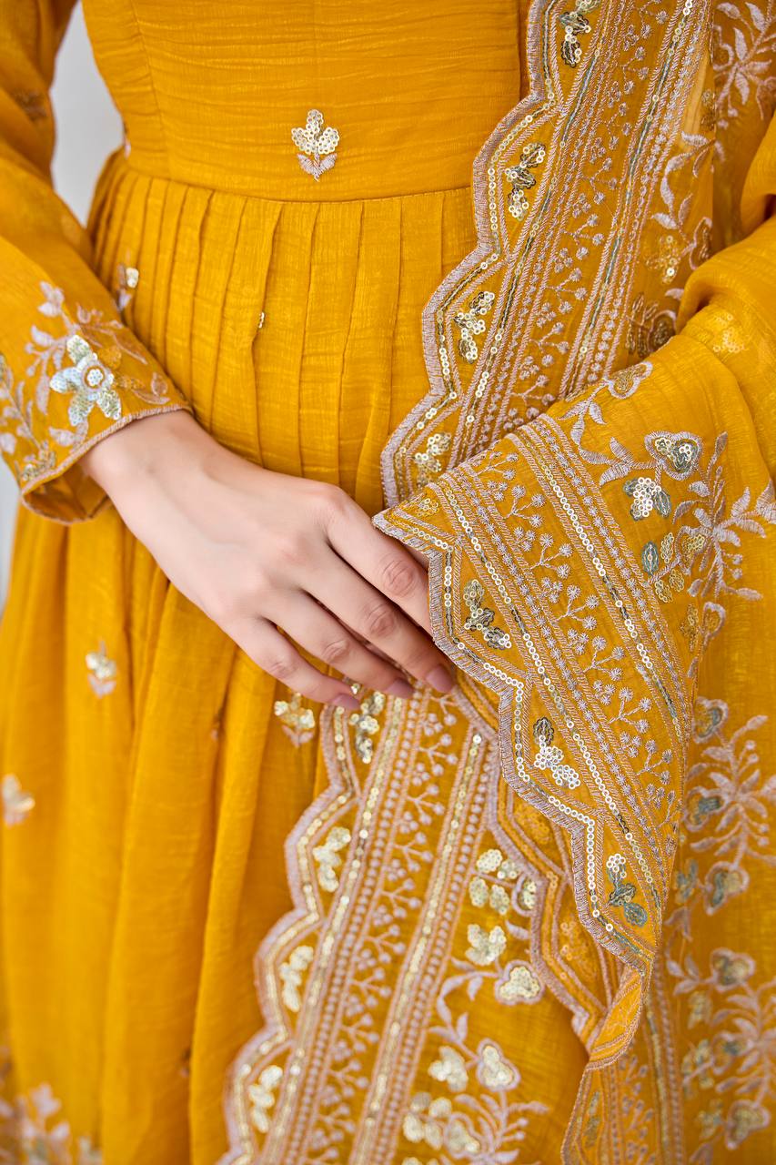 Yellow Anarkali Suit Set with Embroidered Dupatta