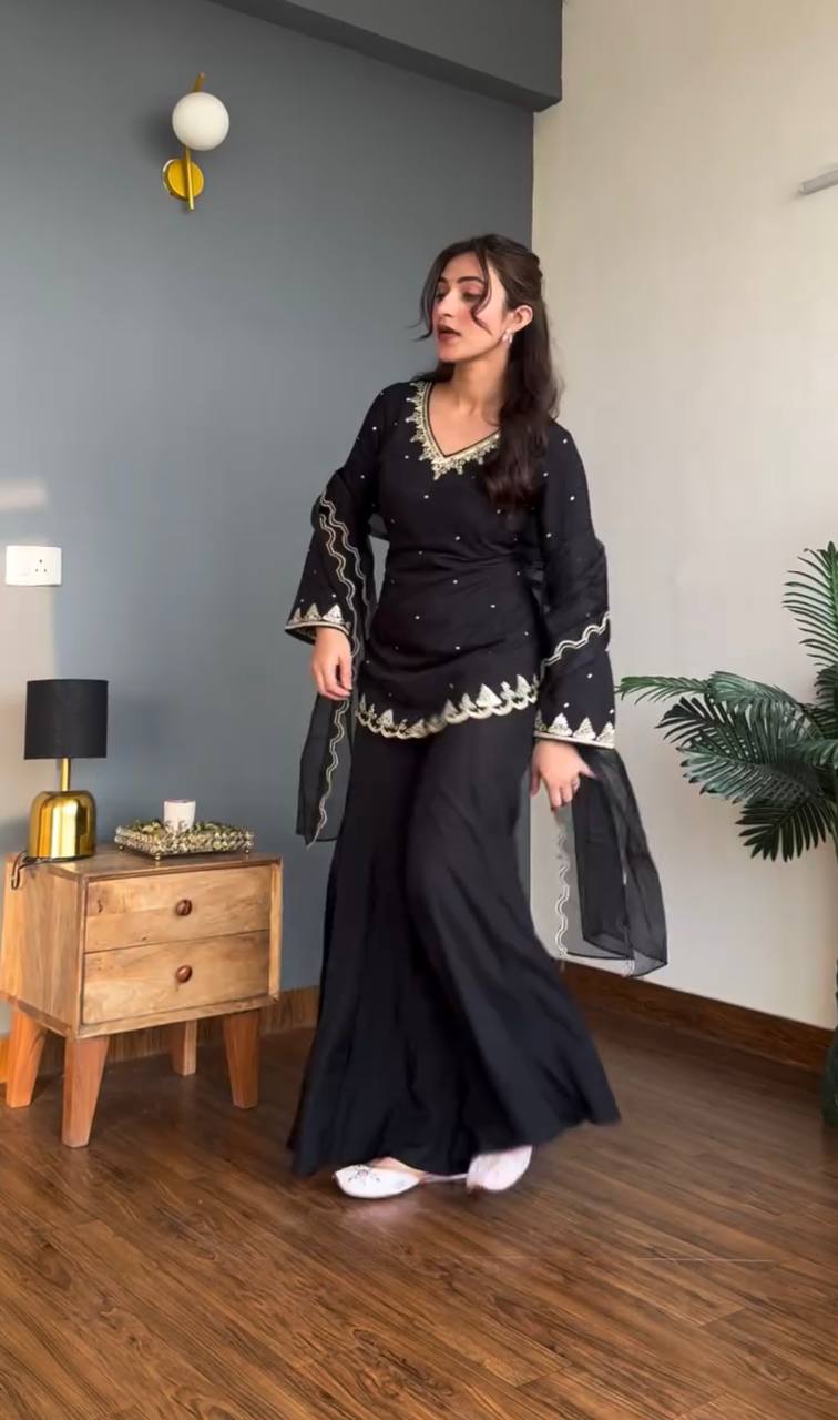 Heavy Embroidered Crepe Silk Top Sharara Plazzo Set with Organza Dupatta
