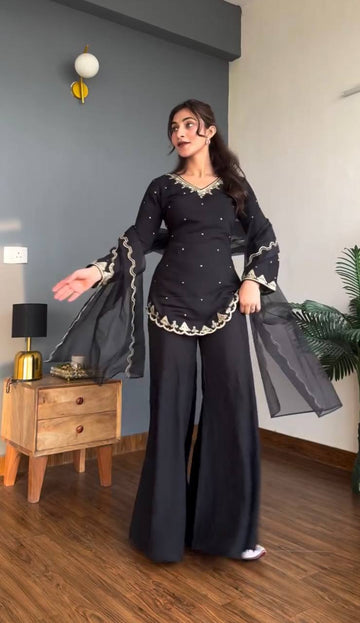 Heavy Embroidered Crepe Silk Top Sharara Plazzo Set with Organza Dupatta