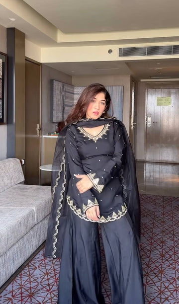Heavy Embroidered Crepe Silk Top Sharara Plazzo Set with Organza Dupatta