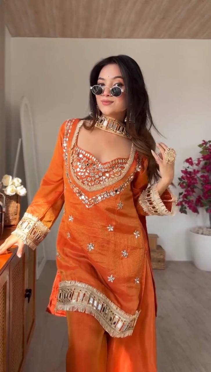 Fendy Silk Mirror Work Top Sharara Palazzo Set with Dupatta